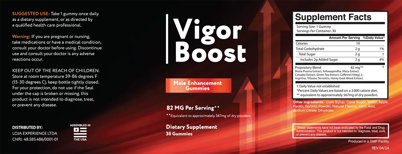 Vigor Boost bottle label with the Supplement Facts panel
