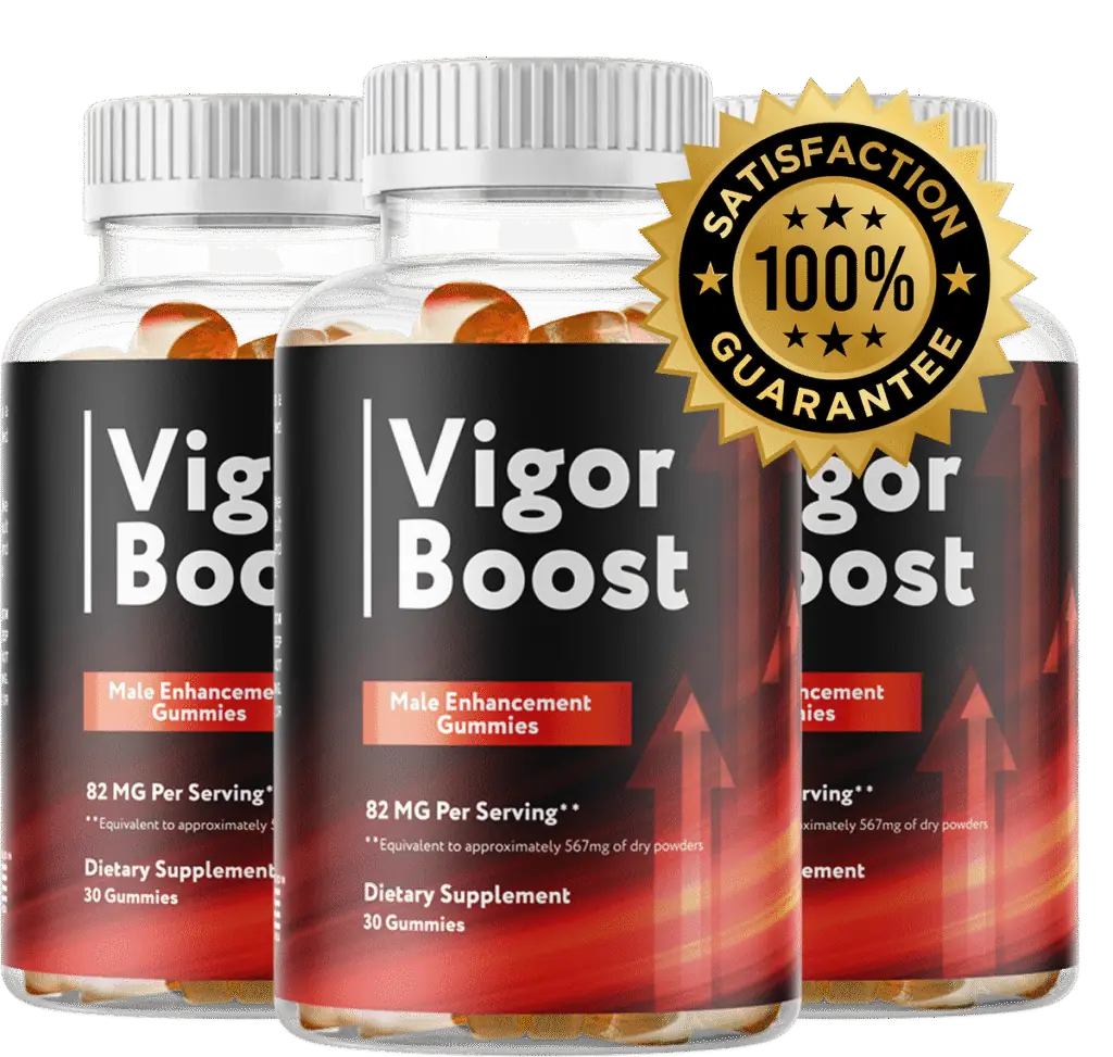 Three bottles of Vigor Boost with a guarantee badge
